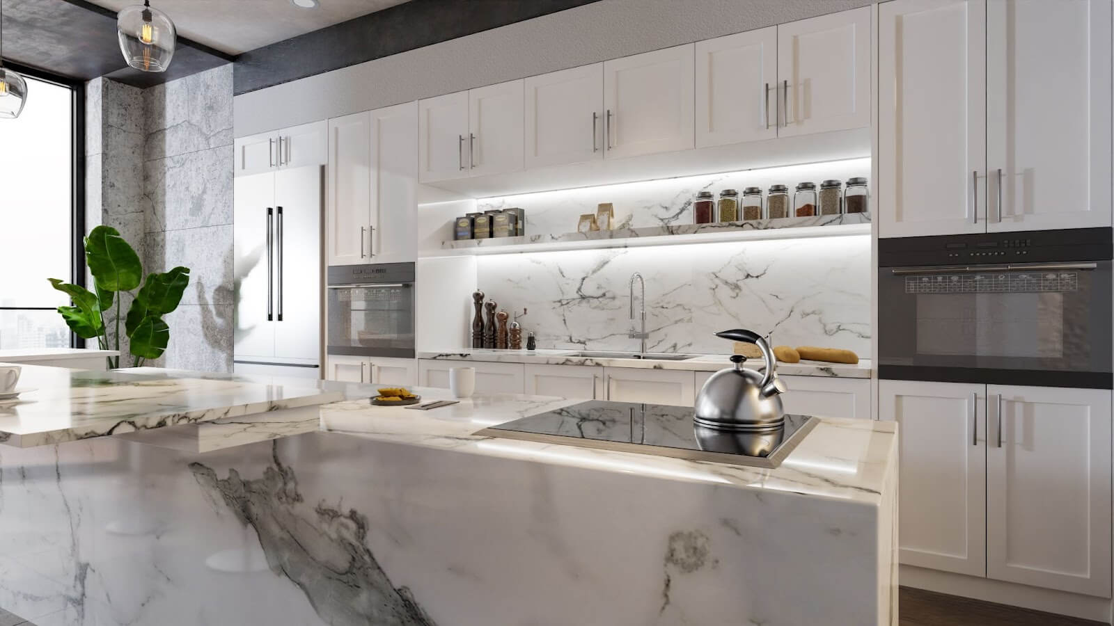 Kitchen with marble countertops, large island, cabinets - ideal for kitchen remodel