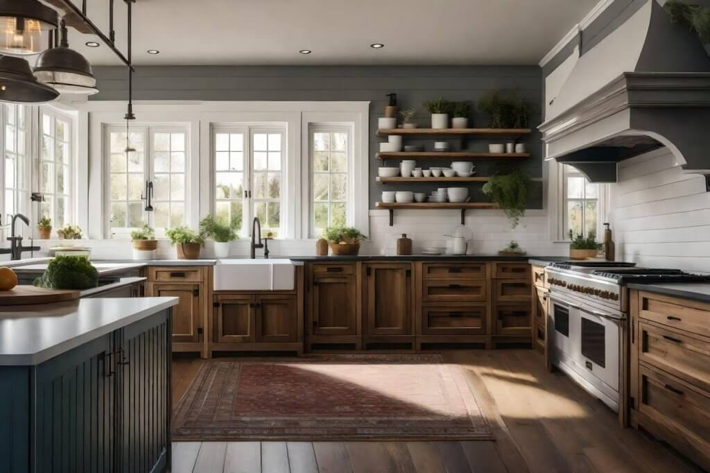 A kitchen with wooden cabinets and a large window