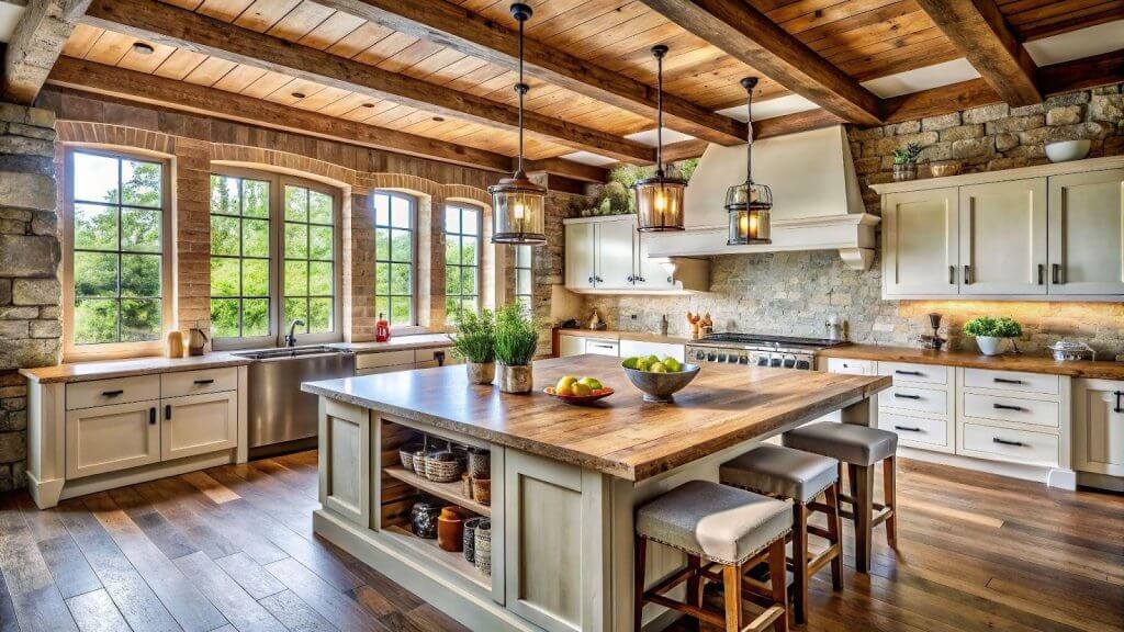 Spacious kitchen with wooden beams and stone walls