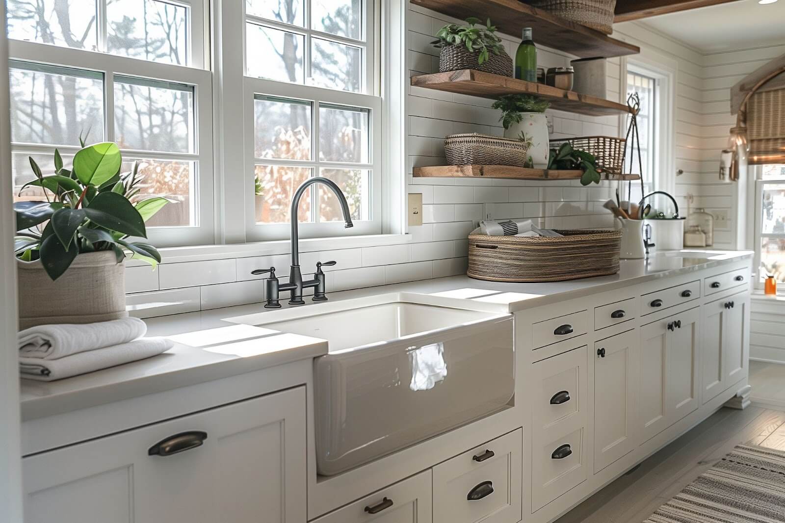 A modern kitchen featuring white shaker cabinets and a sleek sink, showcasing RTA cabinetry for a stylish look.