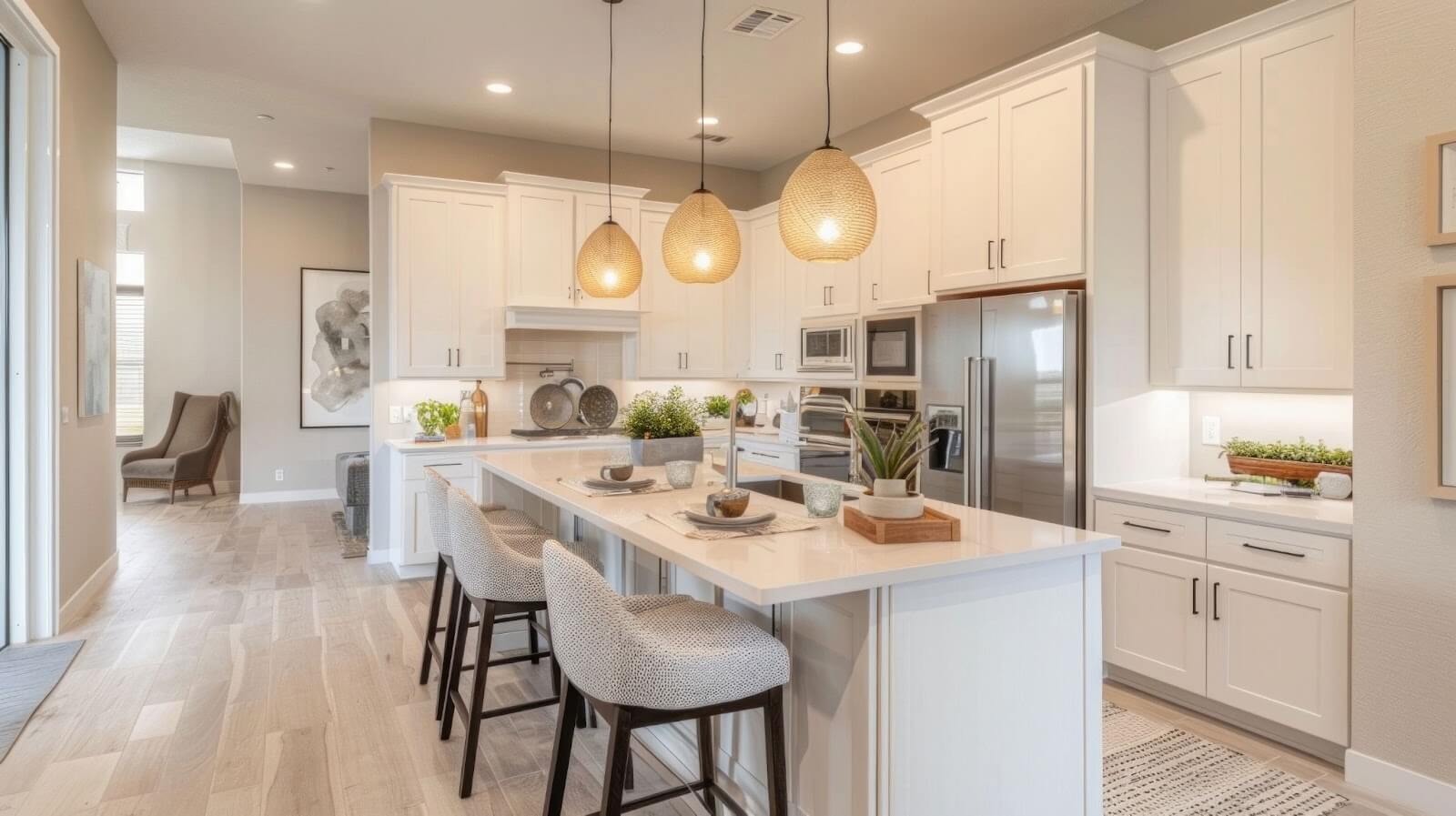 A modern kitchen featuring white shaker cabinets and a spacious center island, showcasing RTA cabinetry design.