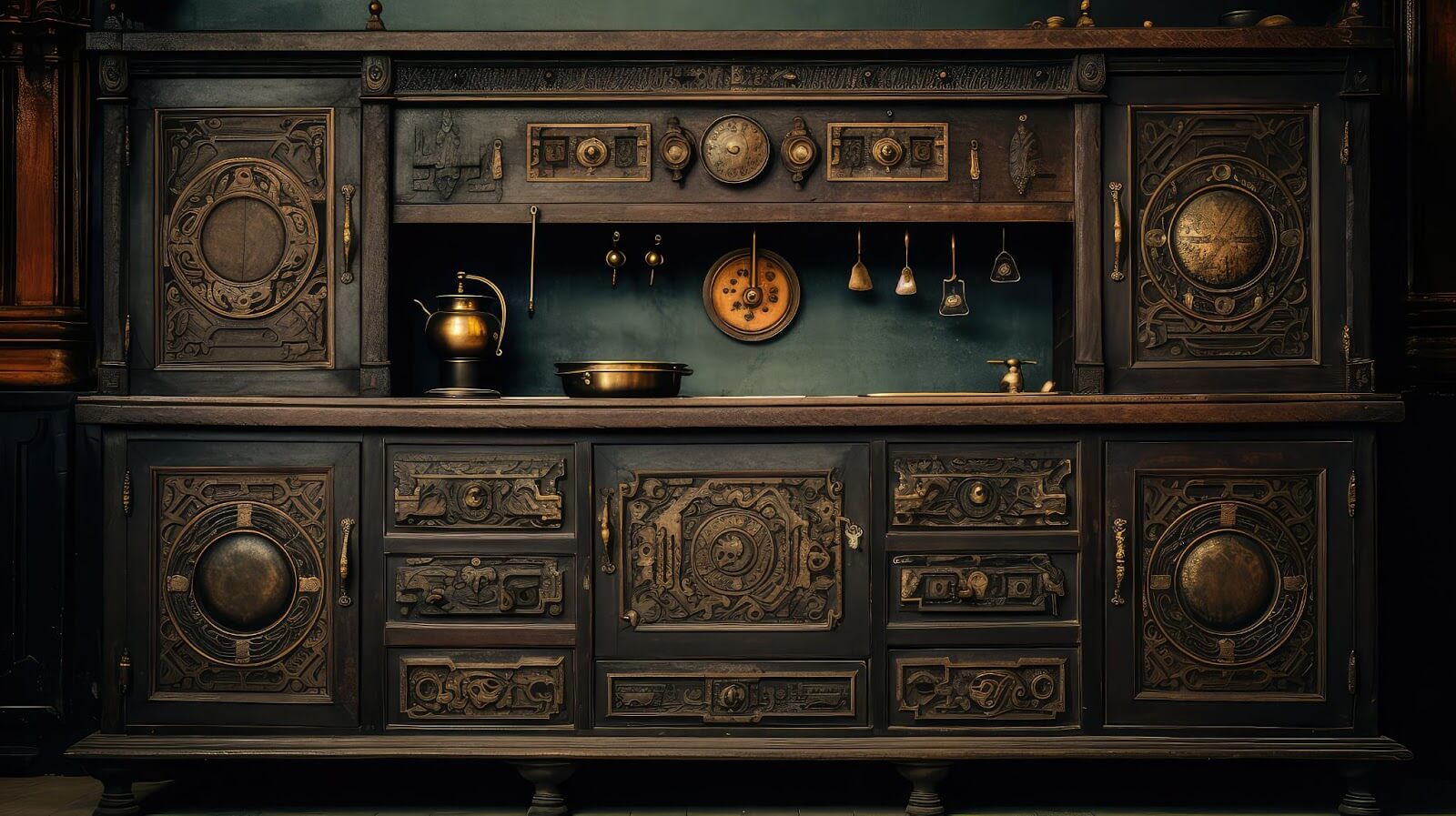 Antique wooden cabinet featuring intricate carvings, ideal for bespoke kitchen remodels and elegant new kitchen designs.
