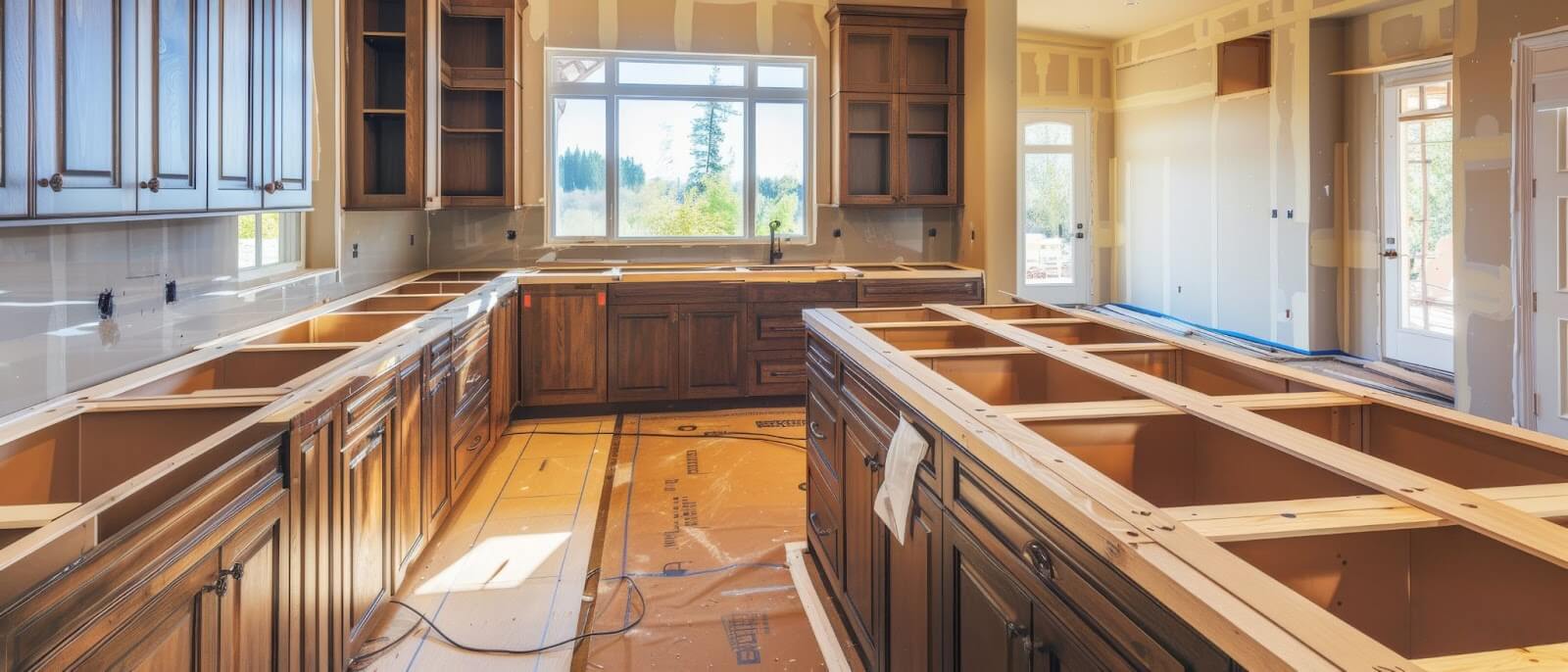 A kitchen featuring unassembled wooden cabinets and an unfinished floor, ideal for a DIY remodel project.
