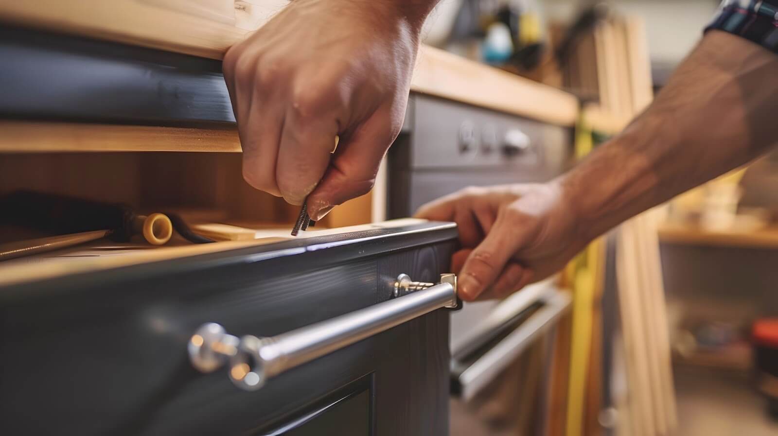 A man opens a drawer in a kitchen cabinet during a DIY remodel, surrounded by unassembled kitchen cabinets.