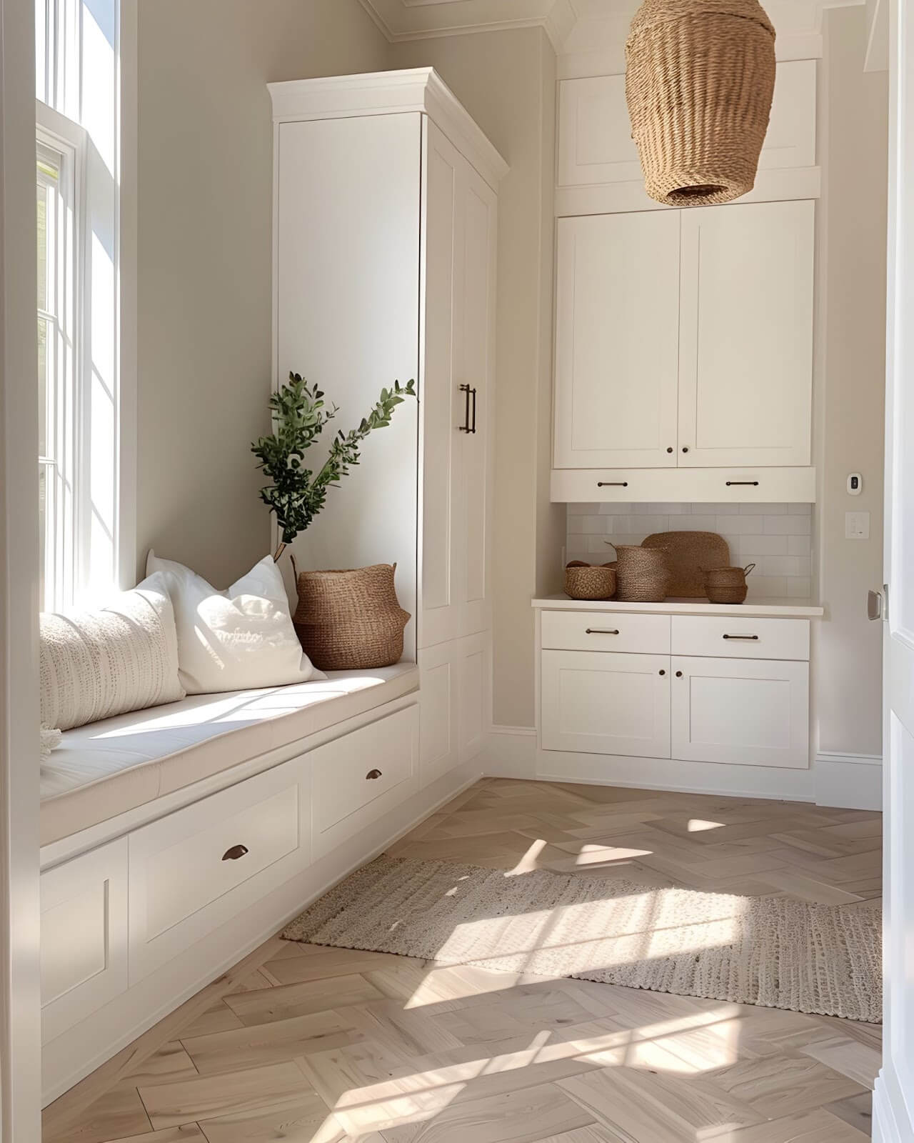 A bright white hallway featuring a window seat, wooden flooring, and shaker-style cabinets enhancing the elegant decor.