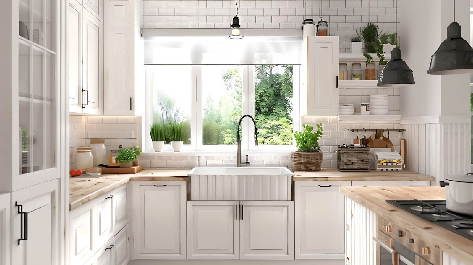 A modern kitchen featuring white shaker cabinets and warm wooden floors, creating a bright and inviting atmosphere.