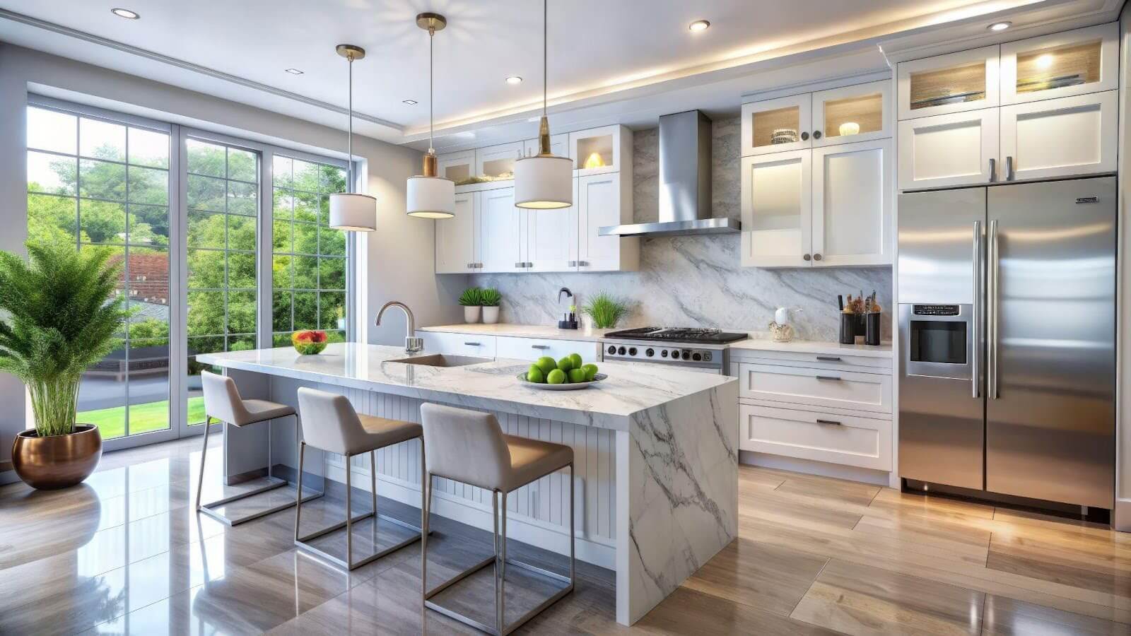 A modern kitchen with elegant marble countertops and sleek stainless steel appliances