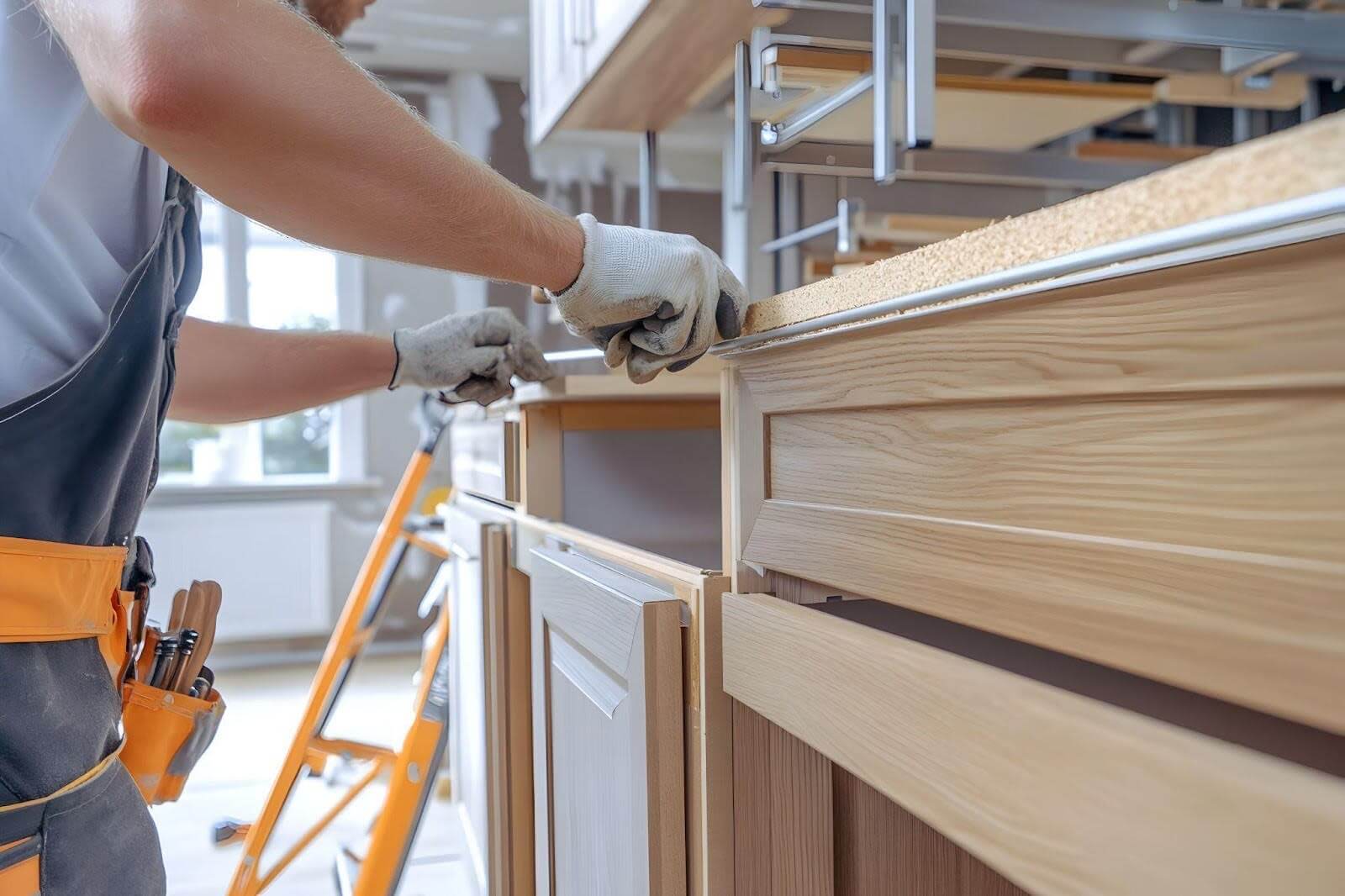 A man constructs a kitchen cabinet using various tools in a tidy kitchen