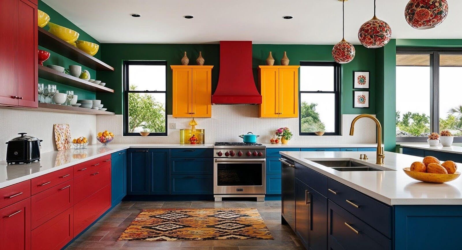 A colorful kitchen with blue cabinetry and bold red countertops for a cheerful design