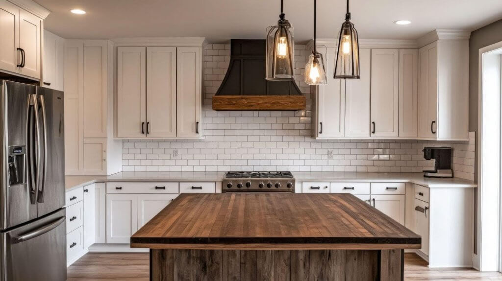 A modern kitchen with a wooden island and sleek stainless steel appliances