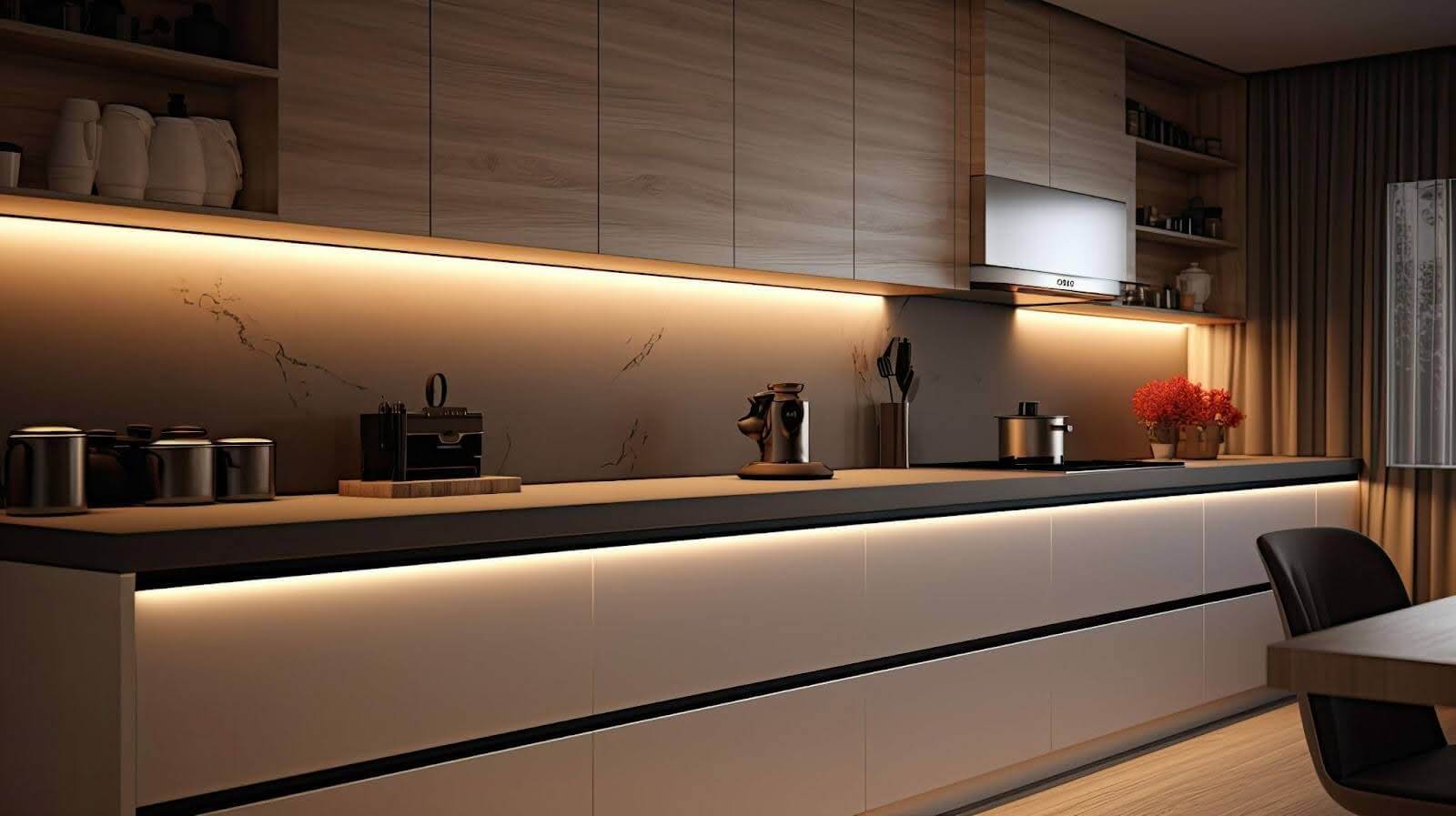 A stylish kitchen featuring a bright ceiling that adds warmth and elegance