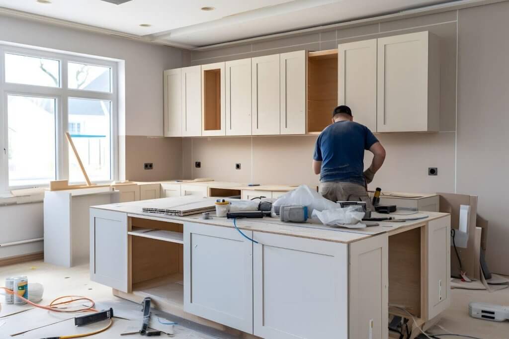 A man is setting up a kitchen in a brand new house