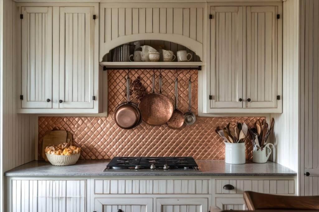 A modern kitchen with a copper backsplash and sleek white cabinets