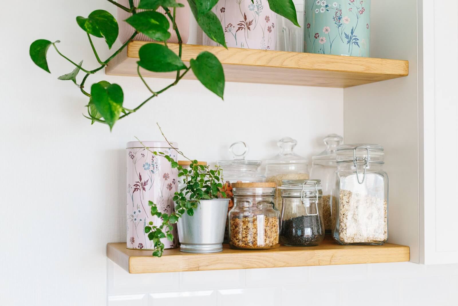 Wooden shelves with plants, jars, and decorative containers.