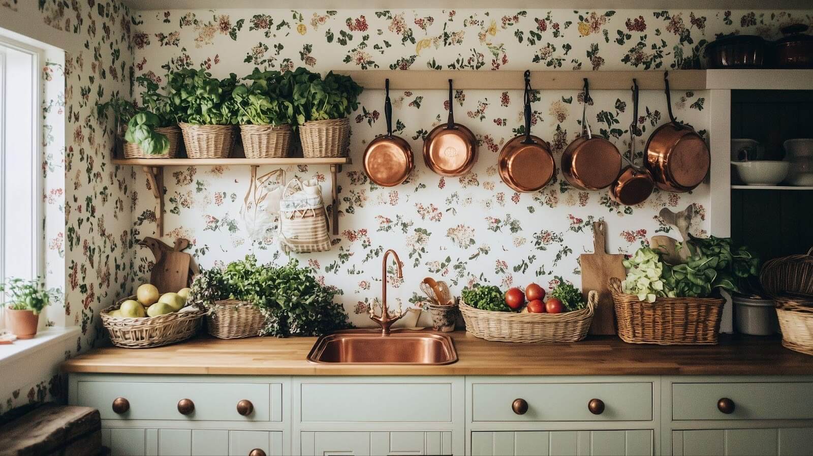 A cozy kitchen featuring floral wallpaper and pots neatly arranged on the counter
